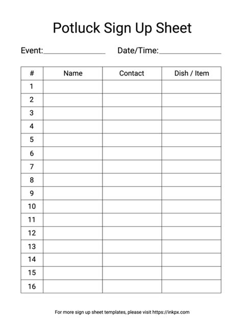 10 Free Potluck Sign Up Sheet Templates Printable Samples