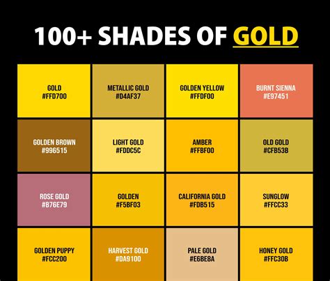 100 Shades Of Gold Color Names Hex Rgb Amp Cmyk Codes Creativebooster