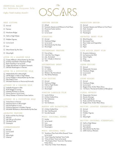 2017 Oscar Selected Essentials Printable Oscars Ballot Movie