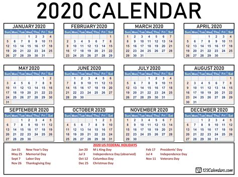 2020 Calendar Printable PDF Free Download