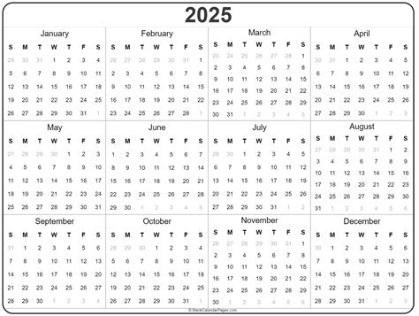 2025 Year Calendar Yearly Printable