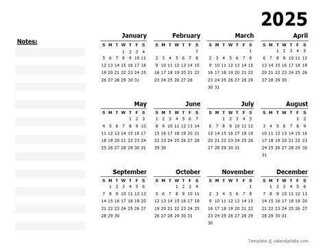 2025 Yearly Calendar With Blank Notes Free Printable Templates