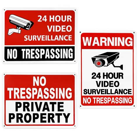 3Packs Private Property No Trespassing Sign Plates Video Surveillance Signs Outdoor Security