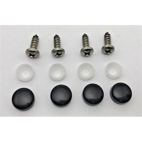 4 License Plate Screws Black Caps Covers Set