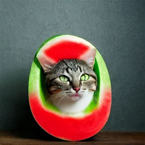 A Cat Wearing A Watermelon Helmet On Top Of It Amp 39 S Head Sitting On A Bed