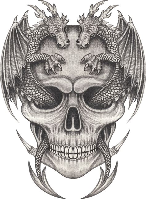 A Drawing Of A Skull With A Dragon On It S Head And Wings Above The Skull