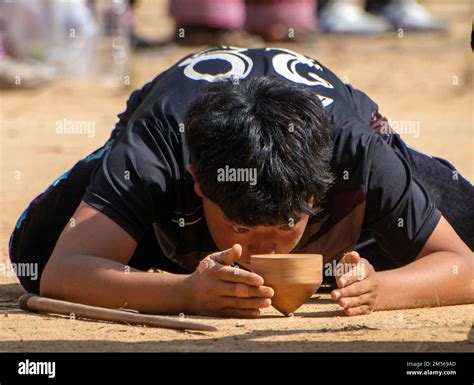 A Hmong Hill Tribe Man Playing Top Spinning Competition Traditional