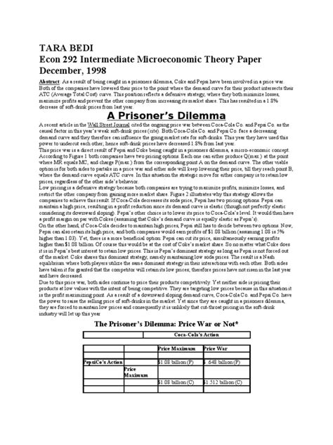 A Prisoner Amp 39 S Dilemma Coke Amp Pepsi Pdf Demand Profit Economics