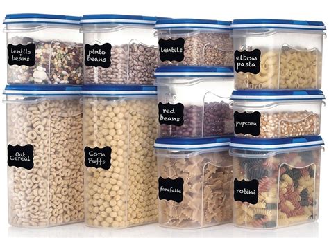 A Set Of Airtight Dry Food Containers With Chalkboard Labels So You Can