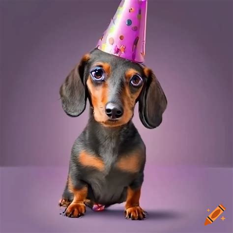 Adorable Dachshund Celebrating Its Birthday With A Party Hat