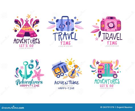 Adventures And Happy Travel Time Logo Design With Hut Trunk Van Camera And Anchor Vector Set