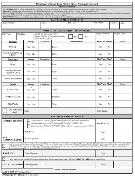 Af Form 4446 Department Of The Air Force Physical Fitness Assessment Scorecard Forms Docs