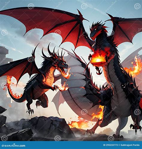 Ai Generated Illustration Of A Dragon Flying And Breathing Fire Stock Illustration