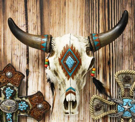 Amazon Com Ebros 12 5 Wide Western Southwest Steer Bison Buffalo Bull Cow Horned Skull Head With Faux Turquoise Diamond And Dream Catcher Feathers With Beads Wall Mount Decor Native Animal Totem Bust Skulls