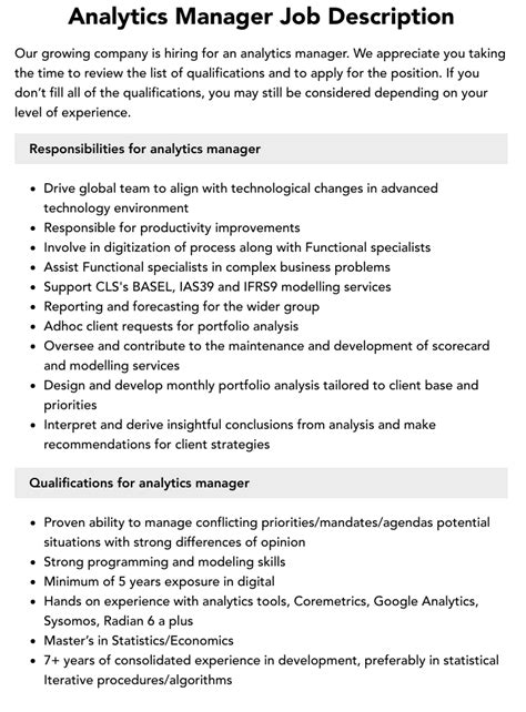 Analytics Manager Job Description Velvet Jobs