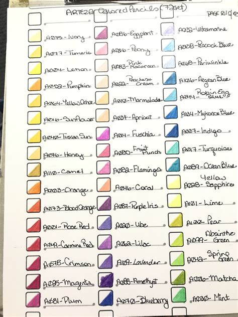 Arteza Colored Pencil Swatch Chart