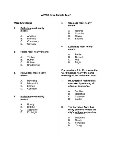 Asvab Practice Test Printable Pdf