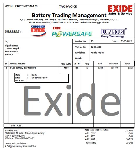 Battery Business Sales Invoice Templates Billing Software Guru