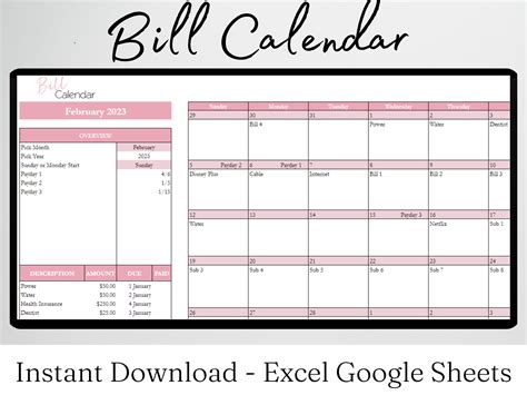 Bill Calendar Template Excel