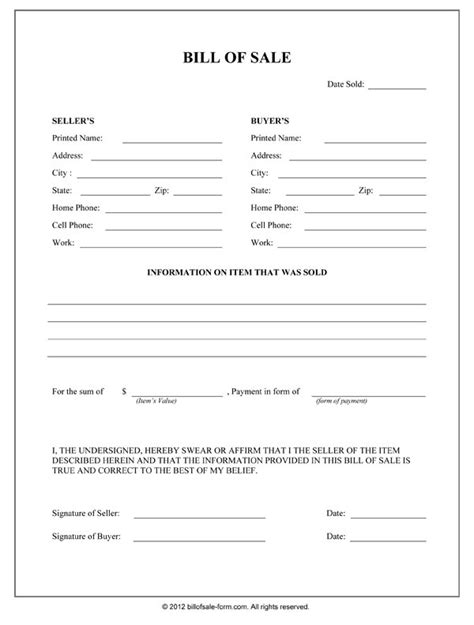 Free Bill of Sale Printable Form Template