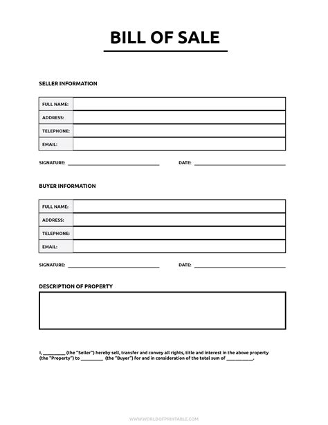 Free Bill of Sale Printable Template Download