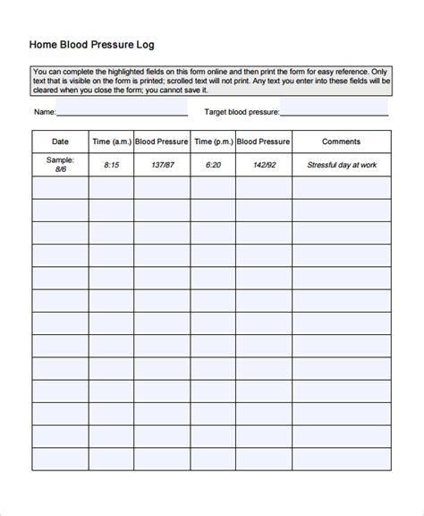 Blood Pressure Log Template 11 Free Word Excel Pdf Documents Download