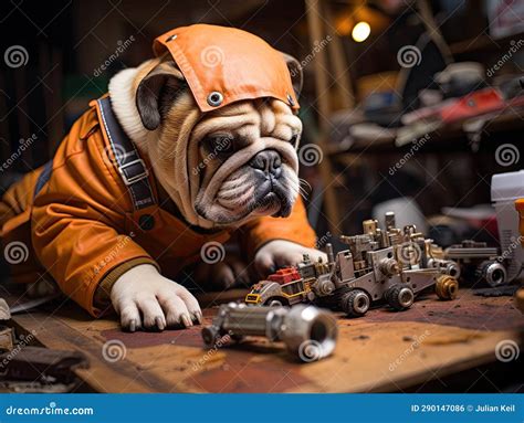 Bulldog Mechanic Fixing Toy Car Stock Illustration Illustration Of