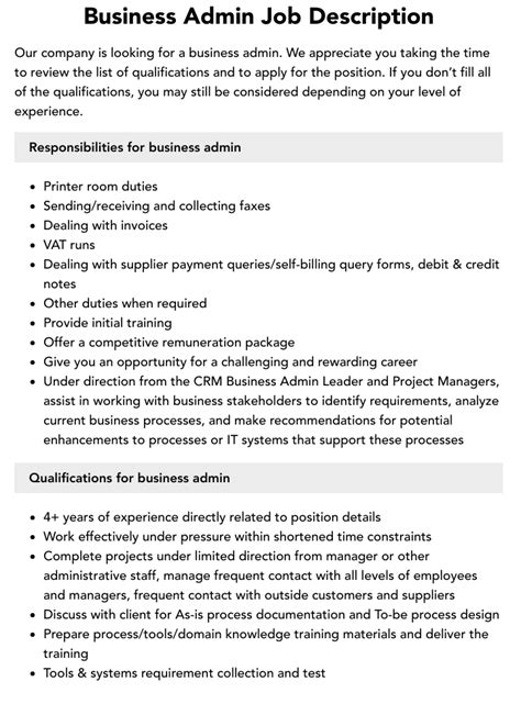 Business Admin Job Description Velvet Jobs