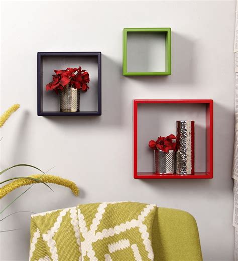 Buy Home Multicolour Engineered Wood Cube Wall Shelves Set Of 3 By