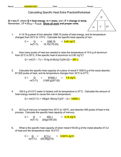 Calculating Specific Heat Worksheet