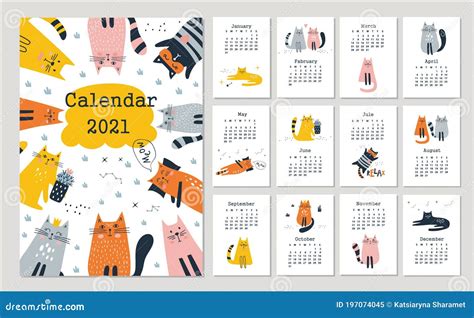 Calendar 2021 With Cute Cats Hand Drawn Vector Stock Vector