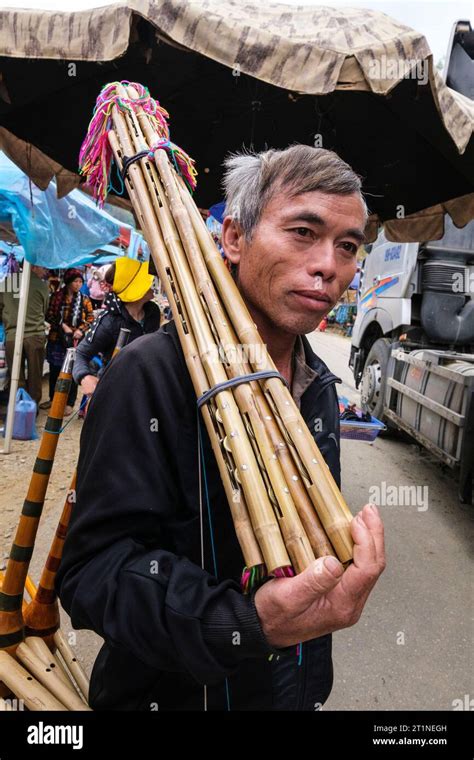 Can Cau Market Scene Vietnam Hmong Man With Traditional Wind