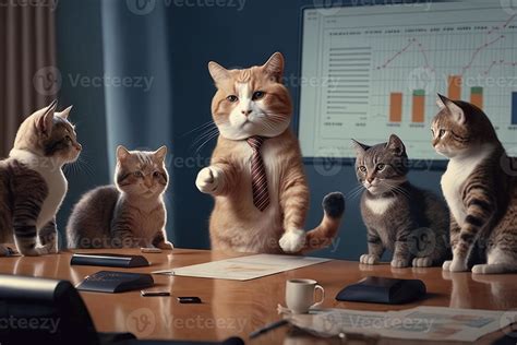 Cats Sitting Around A Boardroom Table Dressed In Business Suits One Of Them Presenting A Sales