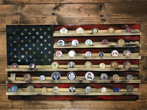 Challenge Coin Holder American Burnt Wood Flag Military Etsy Wooden