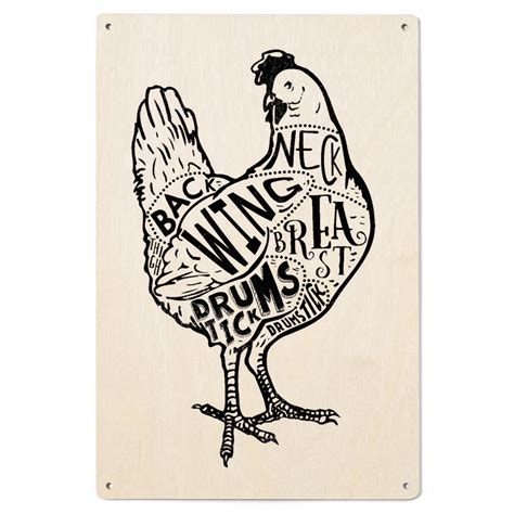 Chicken Butchers Block Meat Cuts Black Chicken On White Birch Wood Wall Sign 6X9 Rustic Home