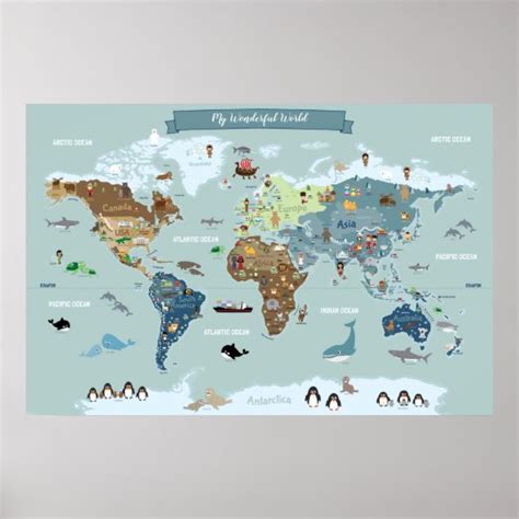 Children World Map With Cute Illustrations Poster Zazzle Com