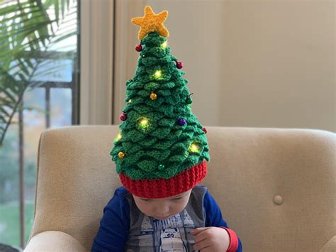 Christmas Tree Hat Free Handed With Working Lights And Jingle Bell