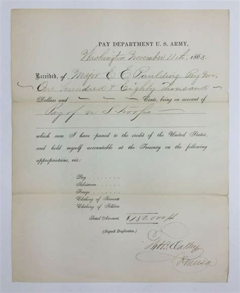 Civil War Document Us Army Pay Department For Soldier Pay Washington Dc 1863 In 2021 Army Pay