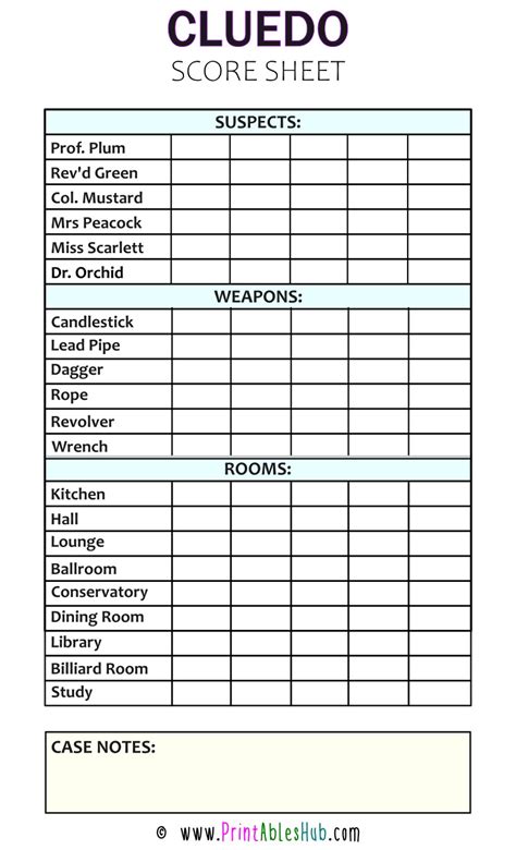 Cluedo Printable Sheets