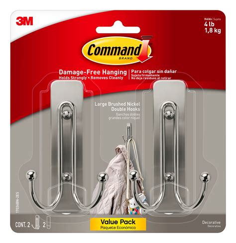 Command Large Brushed Nickel Double Hook 2 Hooks 2 Strips Walmart Com Walmart Com