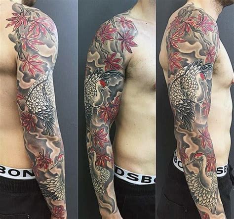 Cool Japanese Maple Tree With Crane Mens Sleeve Tattoos Japanese