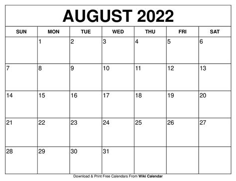 Create Your August 2022 Calendar Printable Get Your Calendar Printable