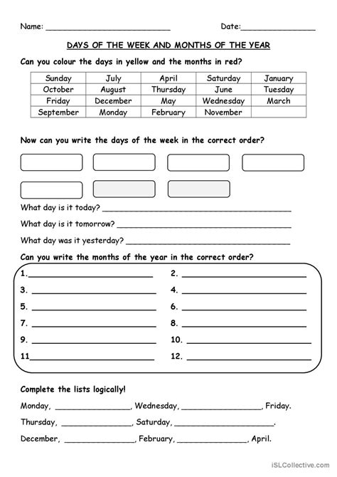 Days And Months Worksheet Pdf