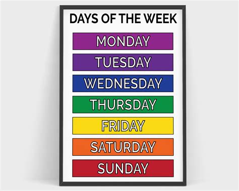 Days Of The Week Kids Education Learning Chart Poster Printable Homeschool Virtual Learning Classroom Wall Poster Print Elementary School Etsy