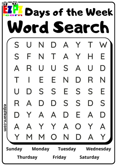 Days Of The Week Word Search Free Printable Word Search For Kids