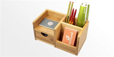 Desk Organiser Pen Holder And Drawer Bamboo Stationery Box Office Supplies