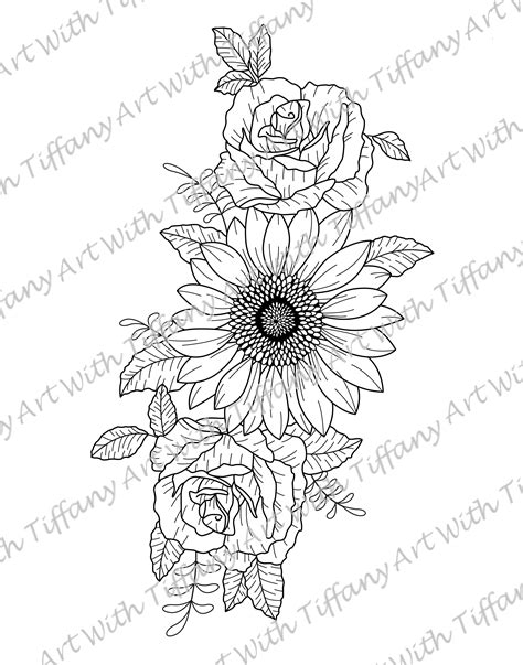 Digital File Sunflower And Roses Flower Tattoo Design Etsy Flower