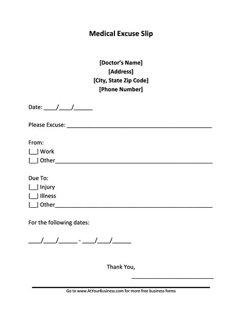 Doctors Excuse Note Template For Work