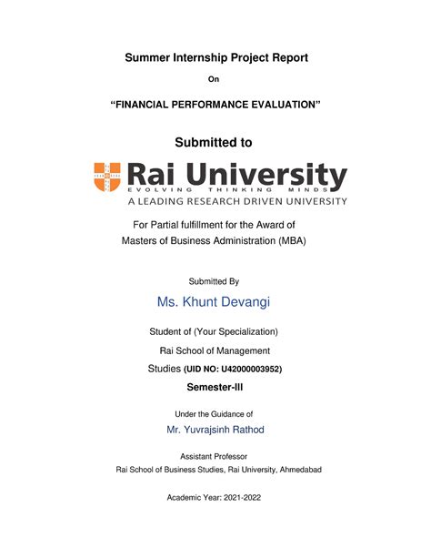 Documnet Mba Summer Internship Project Report On Financial Performance Evaluation Submitted