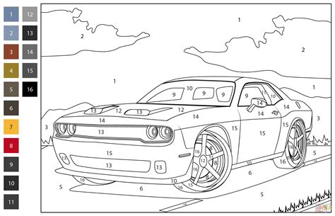 Dodge Challenger Hellcat Color By Number Coloring Page Free Printable